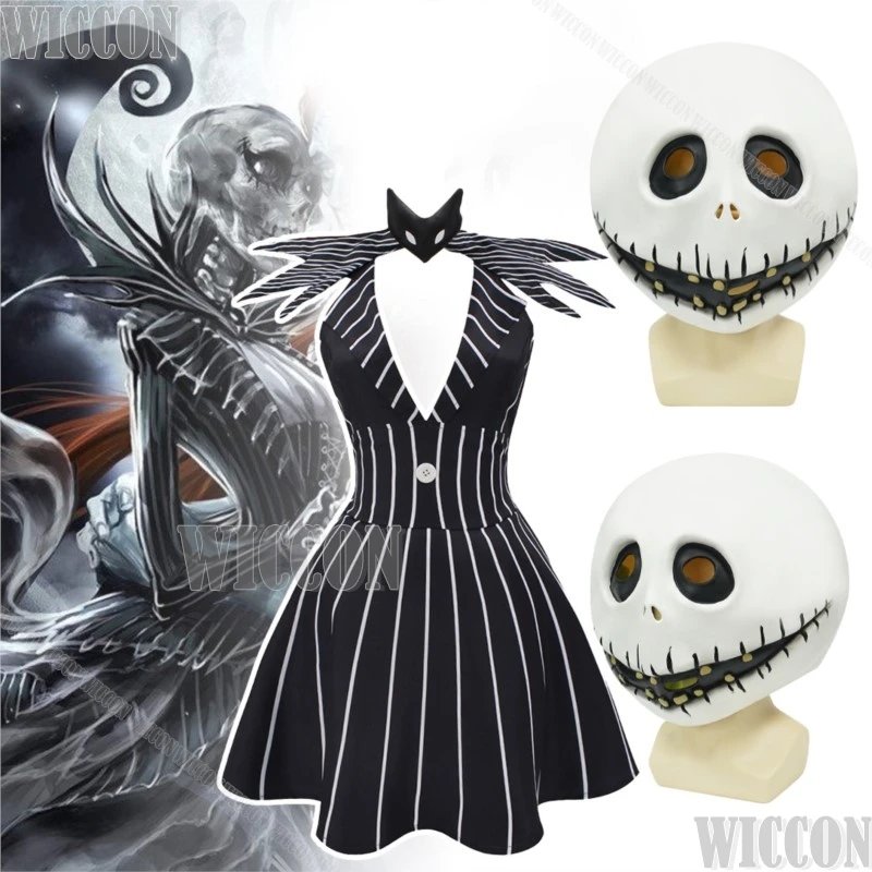 Jack weibliches Cosplay Kostüm schwarz und weiß gestreiften Rock Kleid Halloween Albtraum Rollenspiel Frauen Uniform Schädel Maske großen Mund