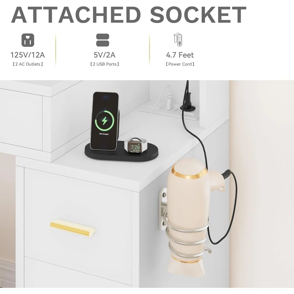 Dressing Table with Large Mirror and LED Light, Makeup Dressing Table with Power Socket, Comfortable Stool and Storage Drawer