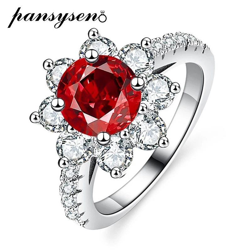 

PANSYSEN Vintage Solid 925 Sterling Silver Flower Round Cut Ruby Emerald Sapphire Ring for Women Men Anniversary Party Jewelry