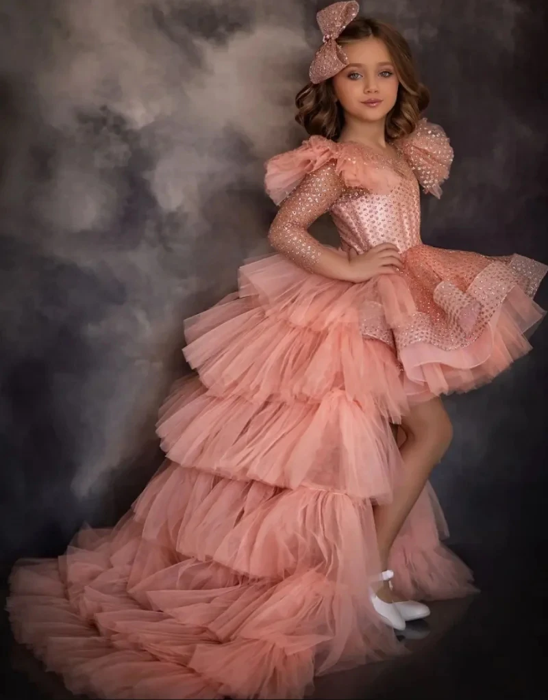 Pink High Low Baby Girl Dress Party Gown First Birthday Princess Dress Christening Gown Flower Girl Dress