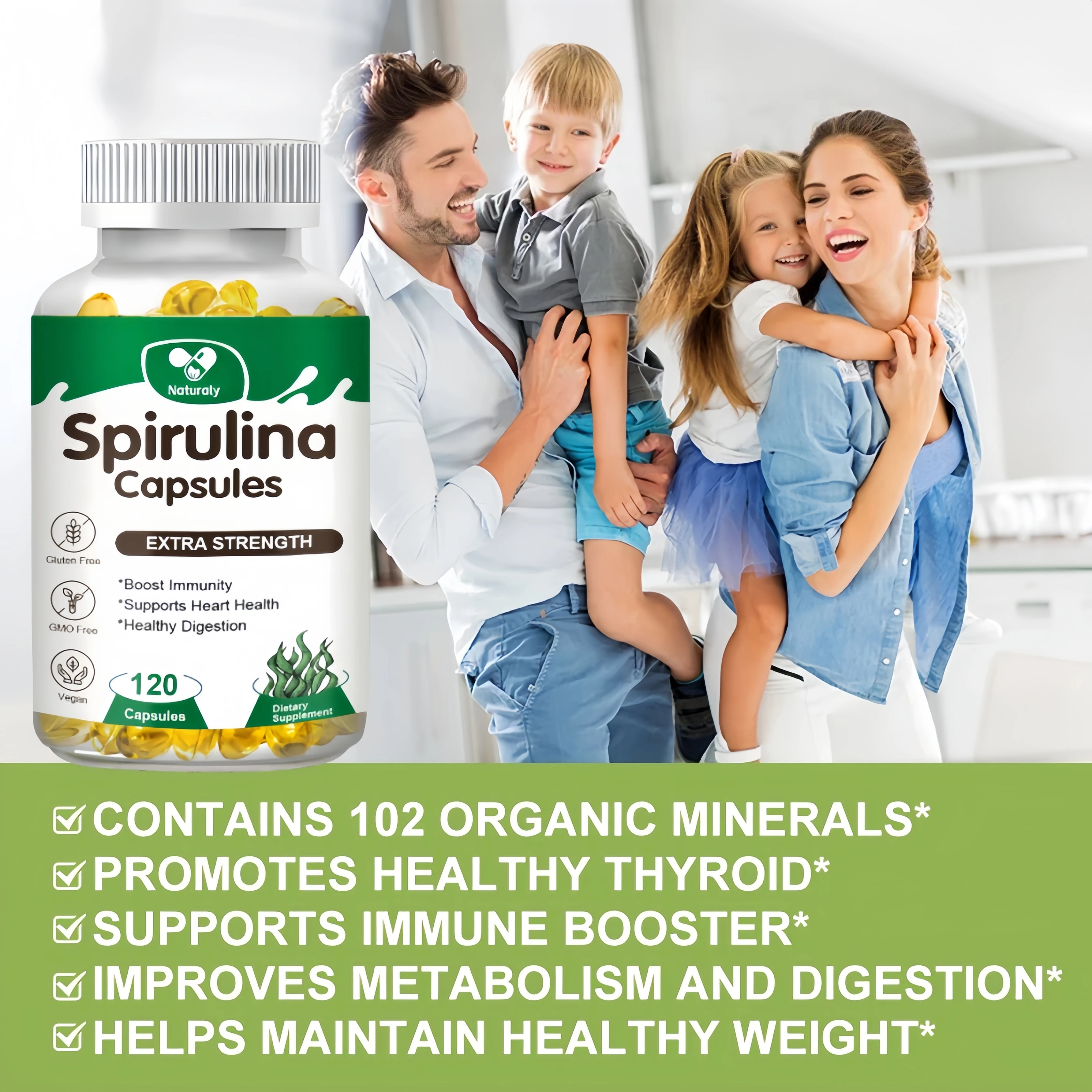 Spirulina Capsules  Maximum Strength Supports Immune System, Heart, Cells and Energy