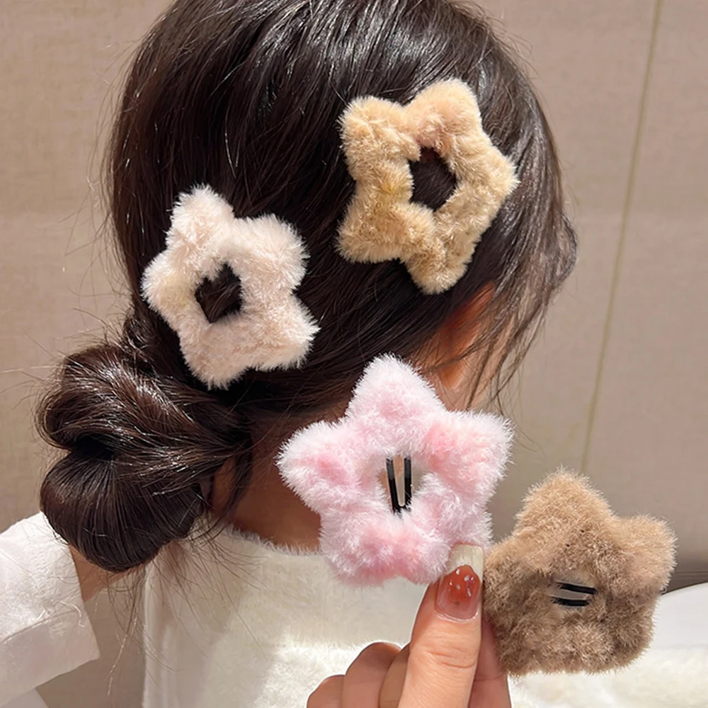 Korean Fashion Winter Plush Star Hair Clips Furry Faux Fur Barrette Hairpins BB Clip Hair Accessories Y2K Sweet Fluffy Headwear