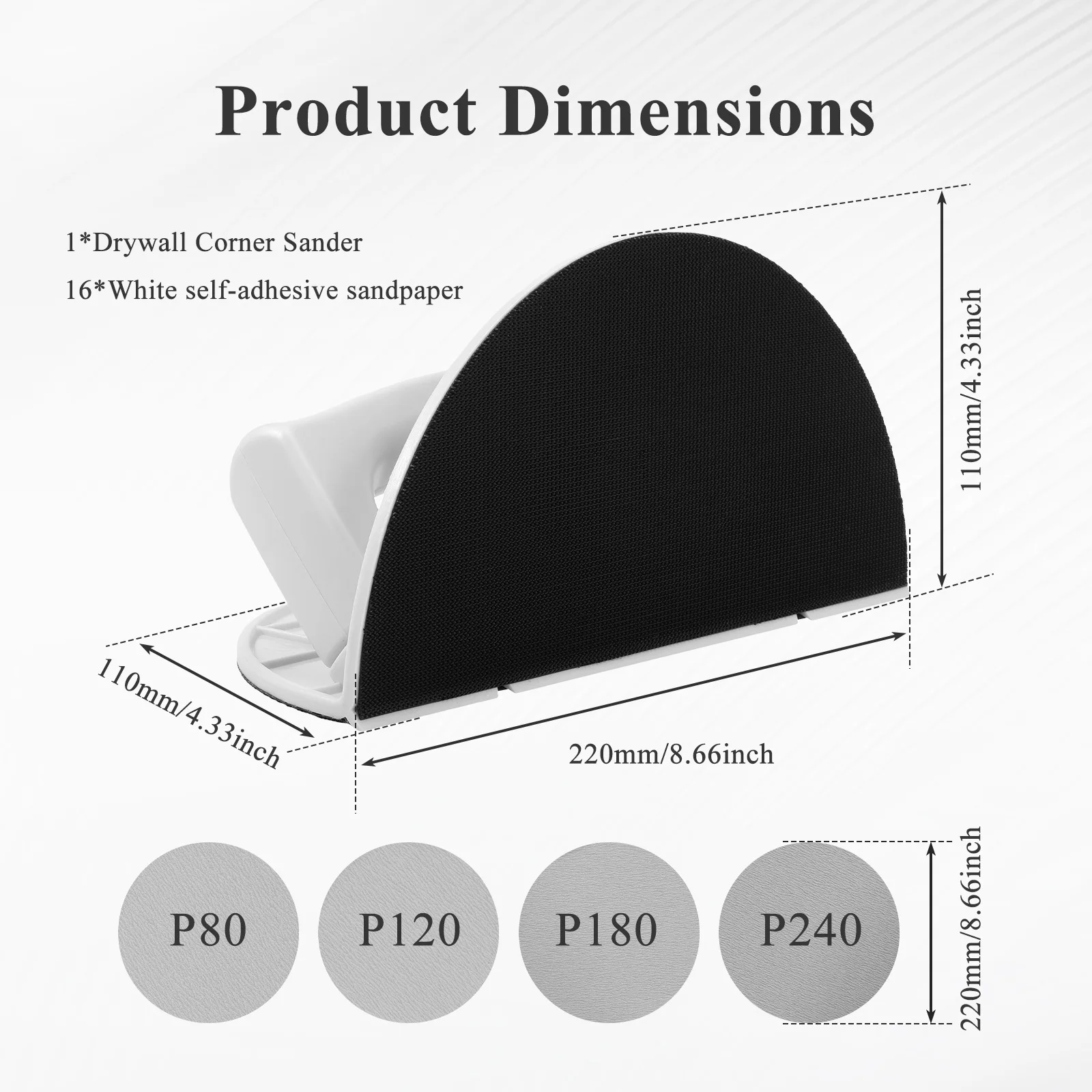 Multi-Functional Semi-circular Drywall Corner Sander Drywall Inside Corner Hand Sander with 16 Self Adhesive Sandpaper for Metal
