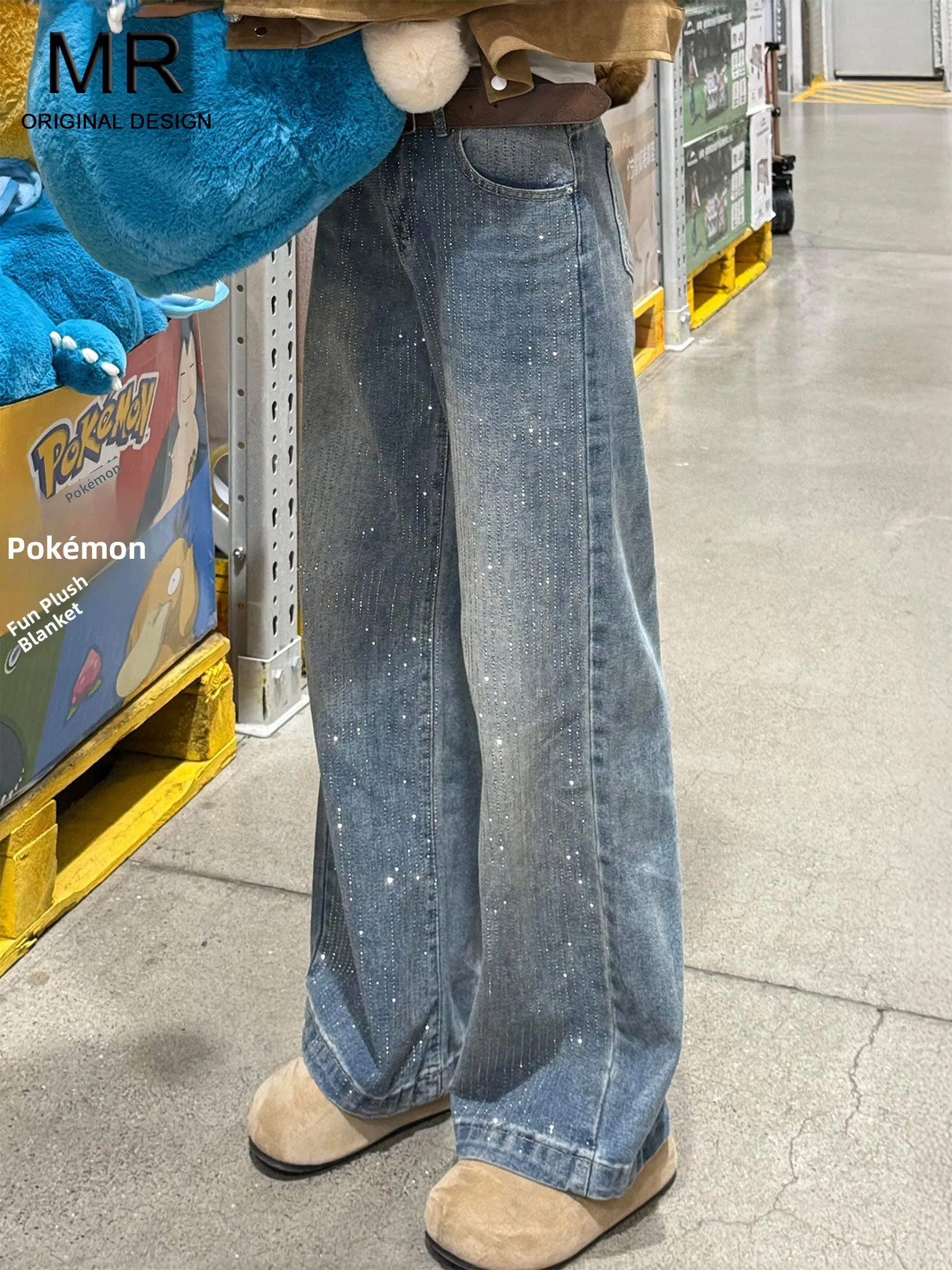 

Женские джинсы с высокой талией, на флисовой подкладке, широкие, в американском стиле, ретро, синие, летние, новые, модные, с узором в виде звезд, буткат