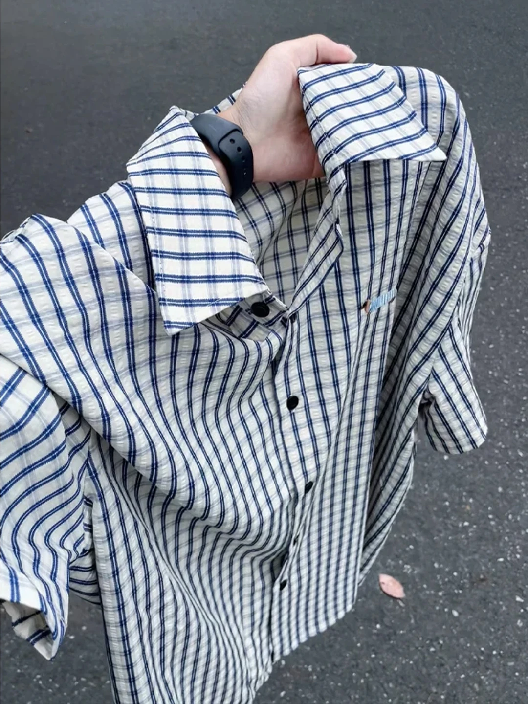 Casual Loose Short Sleeve Shirt Men's Summer Thin Lightweight Breathable Embroidered Plaid Regular Fit Button up Style