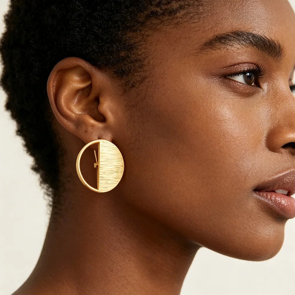 18K Gold Plated Brushed Finish Half‑Circle Hollow Round Earrings & Ring Set For Women Luxury Wedding Party Accessories Gift