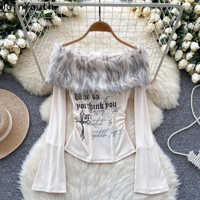 Vintage Woman T Shirts Patchwork Furry Slash Neck Flare Sleeve Tees Y2k Tops Tunic Letter Tshirt Ropa Mujer Korean Camisetas