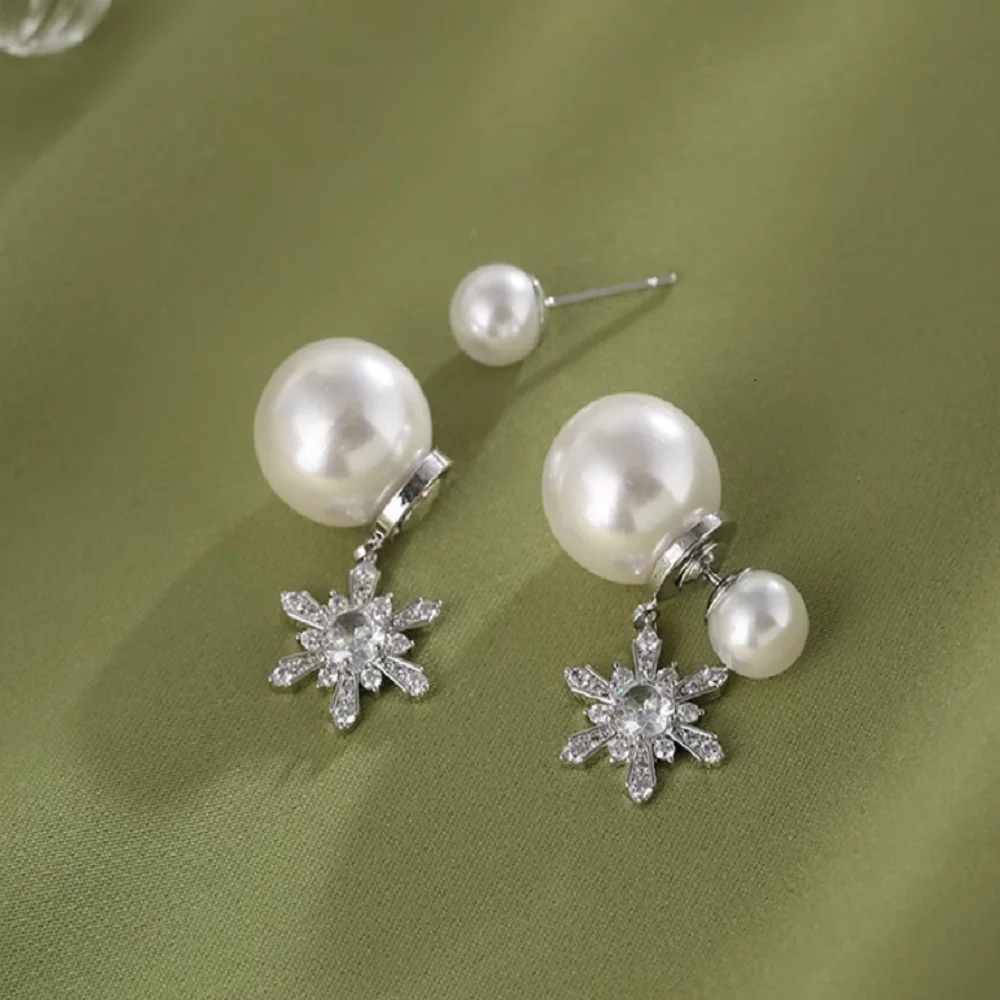 

New Pearl Earrings AAAA 7-8+11-12mm Natural South Sea Round Pearl Ice and Snow Double Pearl Earrings 925s