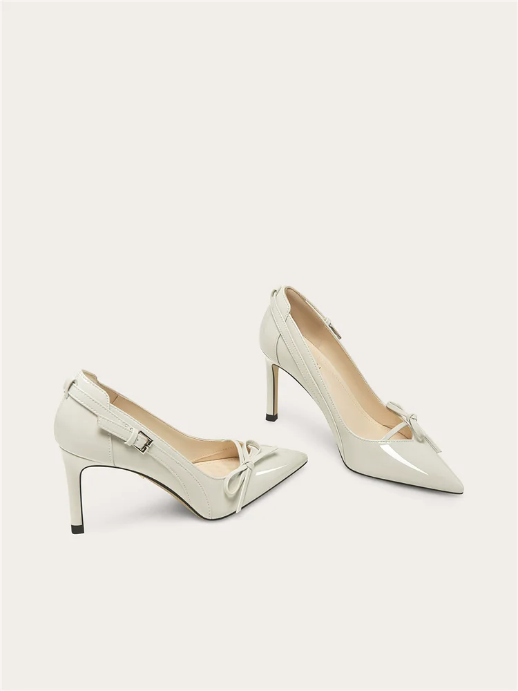 Spring pointed patent leather buckle bow single shoe banquet large size small size widened version slim high-heeled women's shoe