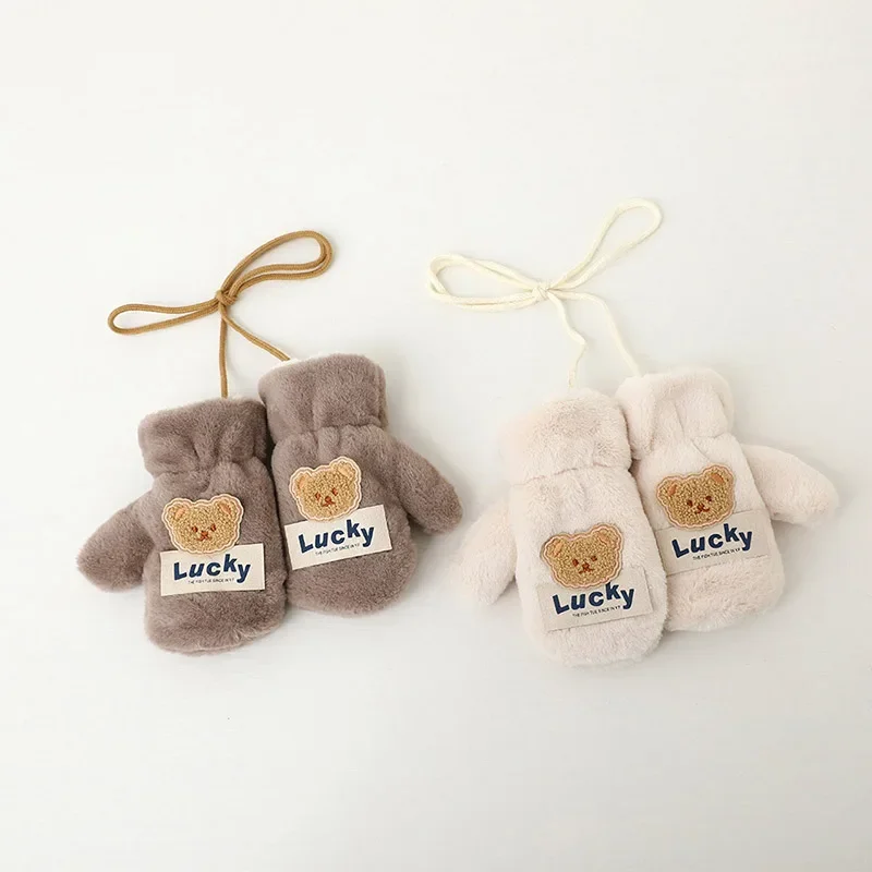 Cute Cartoon Bear Plush Gloves For Chilren Warm Mittens Thicken Lamb Fleece Hanging Neck Glove Winter Kids Fingerless Glove