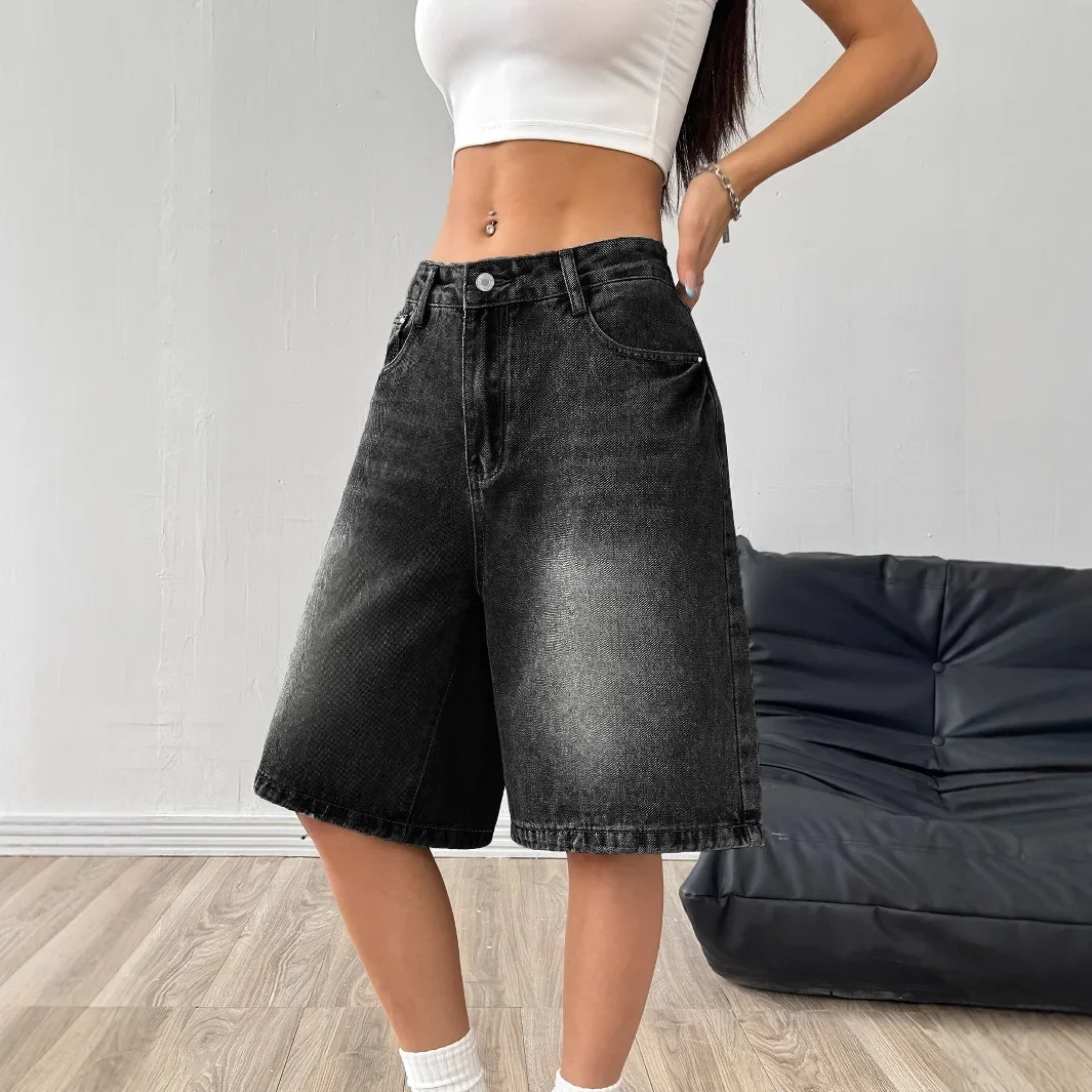 กางเกงยีนส์ขาสั้นสไตล์อเมริกันย้อนยุคสำหรับผู้หญิง ทรงหลวมสบาย ขากว้าง ความยาวห้าส่วน แฟชั่นทันสมัย ผ้าฝ้าย เอวกลาง