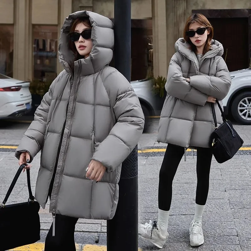 

New Women Down Cotton Coat Women Winter Mid-Length Cotton Coat Korean Loose Hooded Cotton Padded Jacket Women Parka Outwear