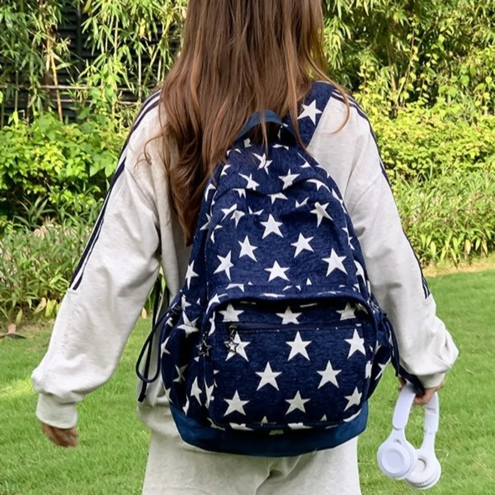 

Korean Style Grey Stripes Backpack Multi-pocket Lightweight Star Printing Backpack Adjustable Straps Commuting