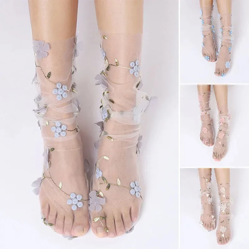 Calcetines de tul transparente de encaje Floral para mujer, calcetines frescos de encaje transpirable, calcetines bordados de encaje de moda, Verano