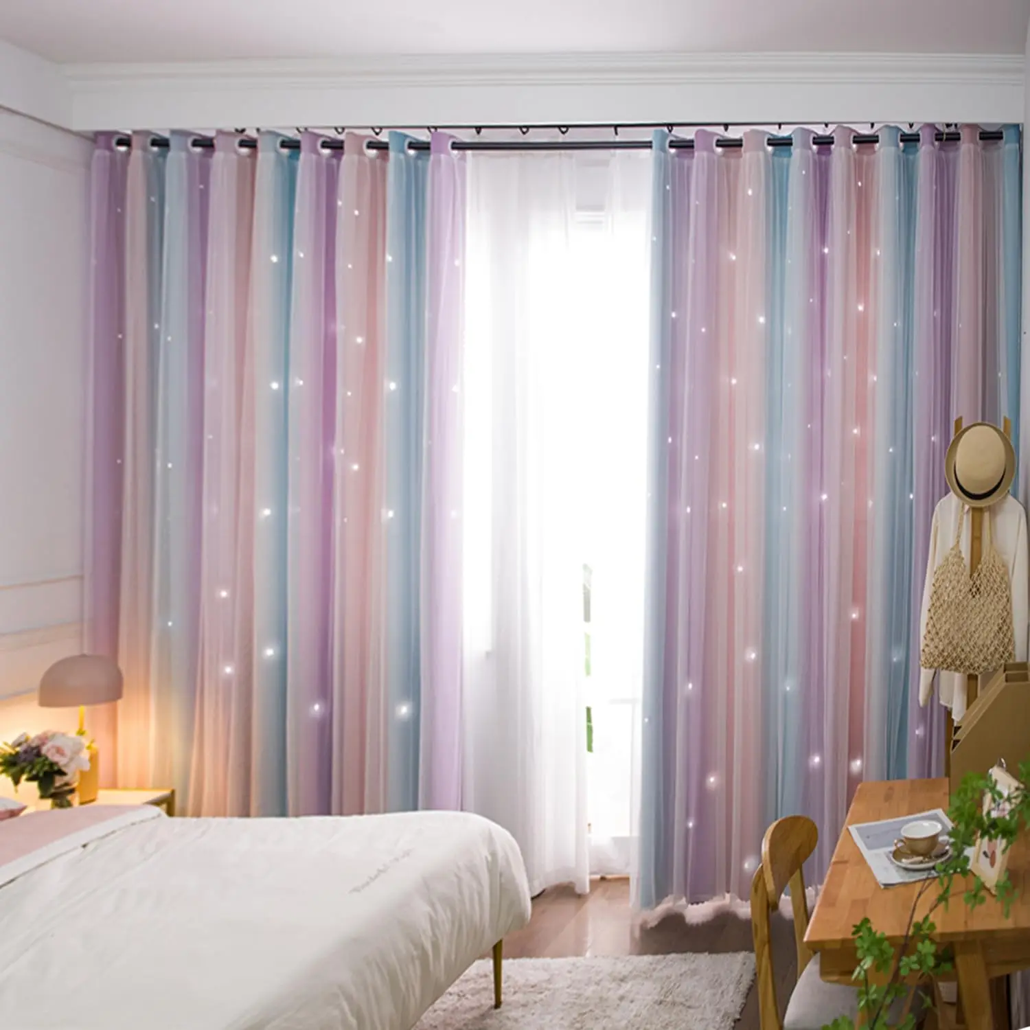 Kids Colorful Rainbow Curtains For Bedroom Hollow Out Twinkle Star Curtains For Girls Antique Grommet Top Window Decor