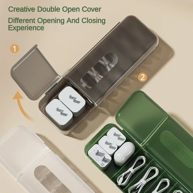 صندوق تخزين الكابلات، صندوق تخزين سلك الشاحن مع 7 مقصورات، حقيبة تخزين كابل بيانات قابلة لإعادة الاستخدام للمنزل أو السفر #4