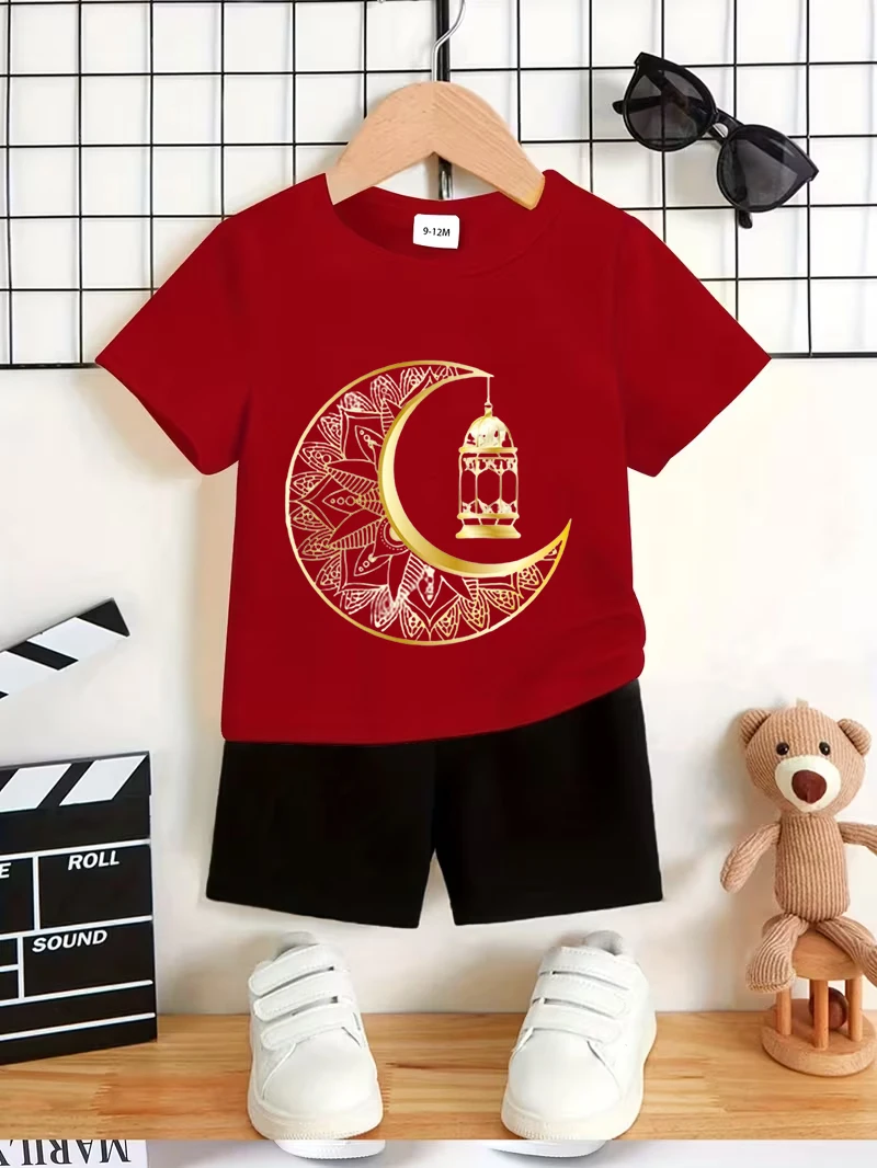Red Short-Sleeve + Gold Crescent Lantern: Eye-Catching Set—Ramadan’s Lucky Cute Baby