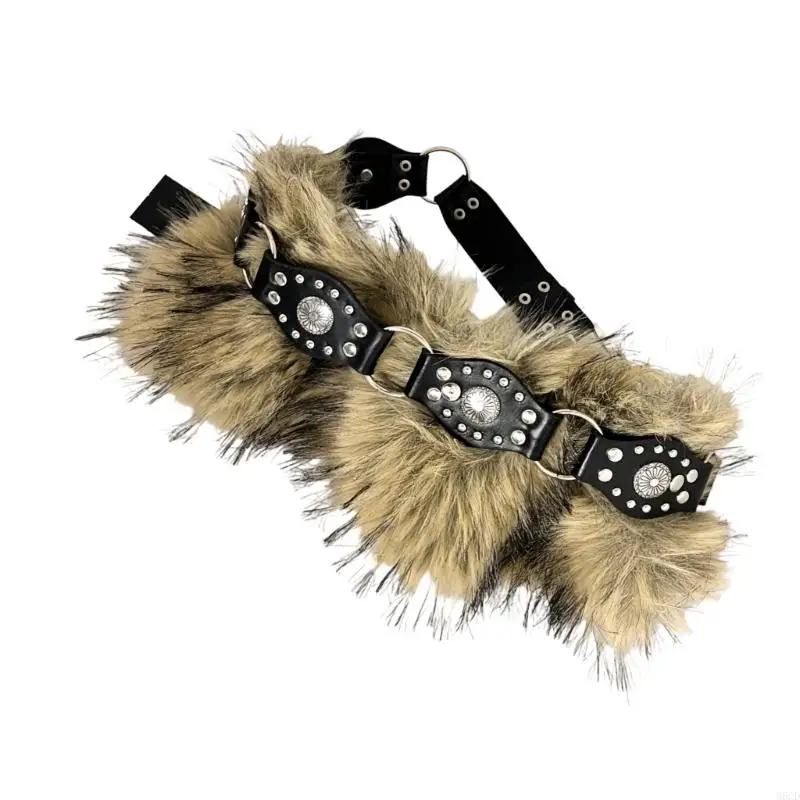 M6CD Punk Western Type Faux Furry Belt Sash cintura com pregos para roupas