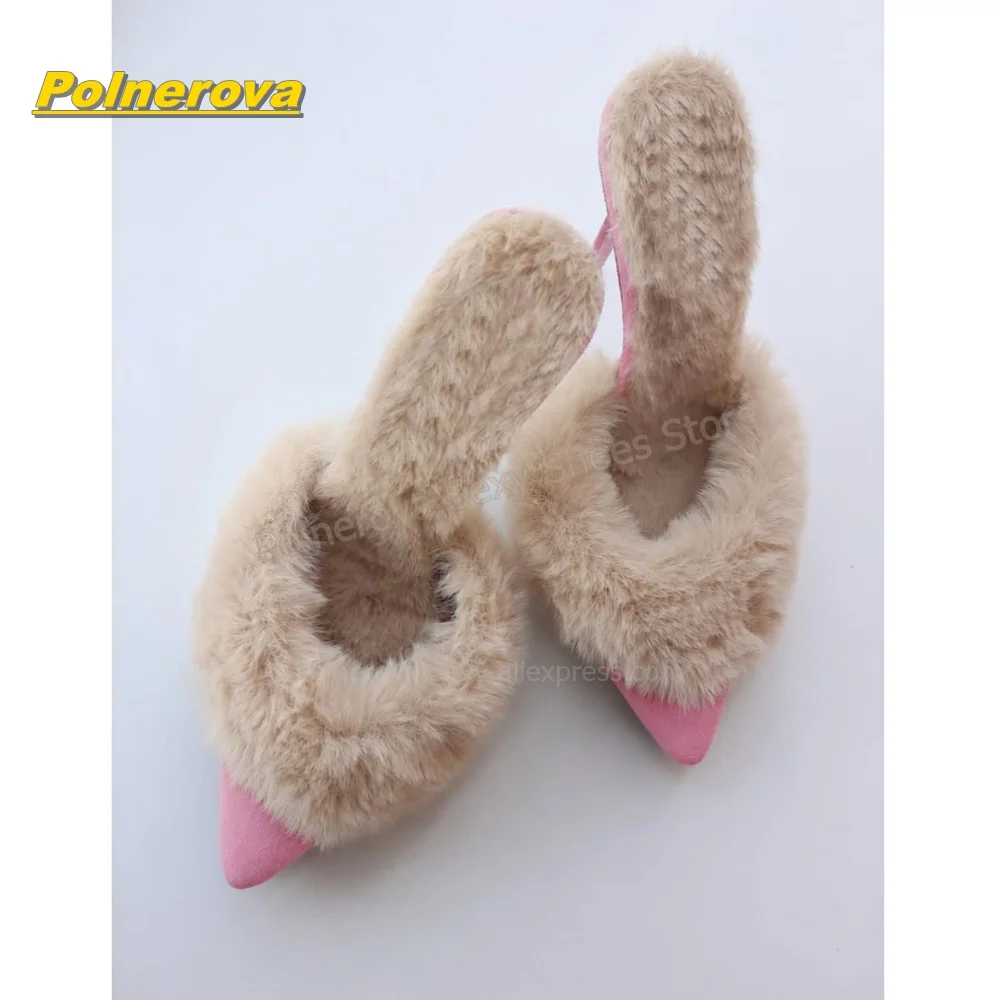 Women Pink Furry Mule Heels Faux Fur Trim Pointed Toe Stiletto Slip On Shallow Pumps Fashion Night Out Party Ladies Footwear New