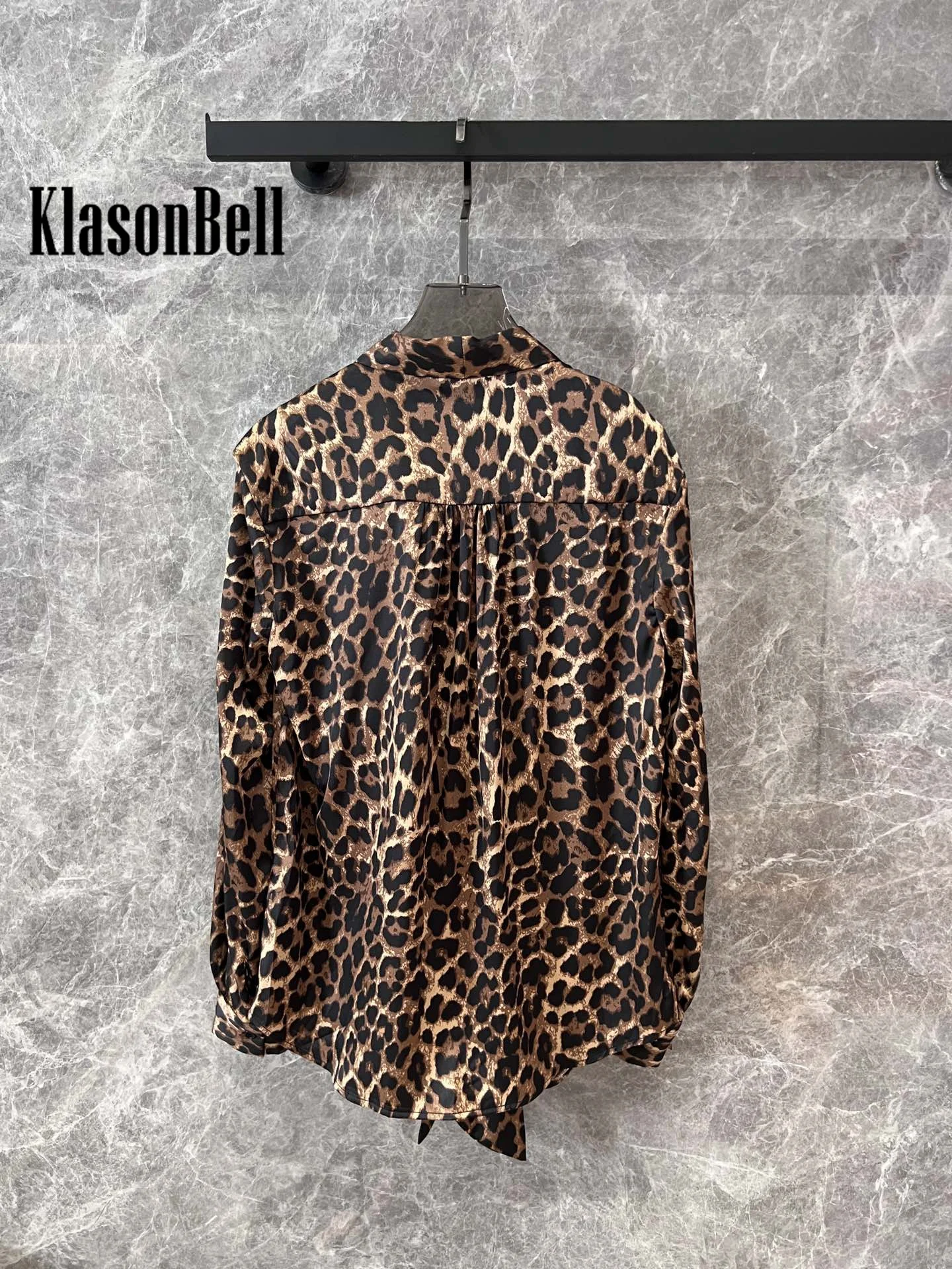 9.2 KlasonBell Women's Leopard Print Ribbon Long Sleeve Blouse All-matches Temperament Bow Collar Single Breasted Shirt