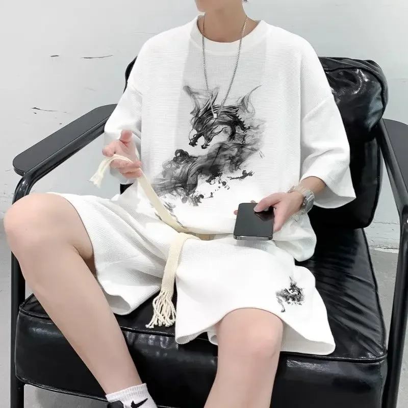 Impressão masculina t camisa conjuntos curtos gráfico náilon estiramento kpop marcas originais elástico barato roupas soltas camiseta básica shorts masculinos conjunto