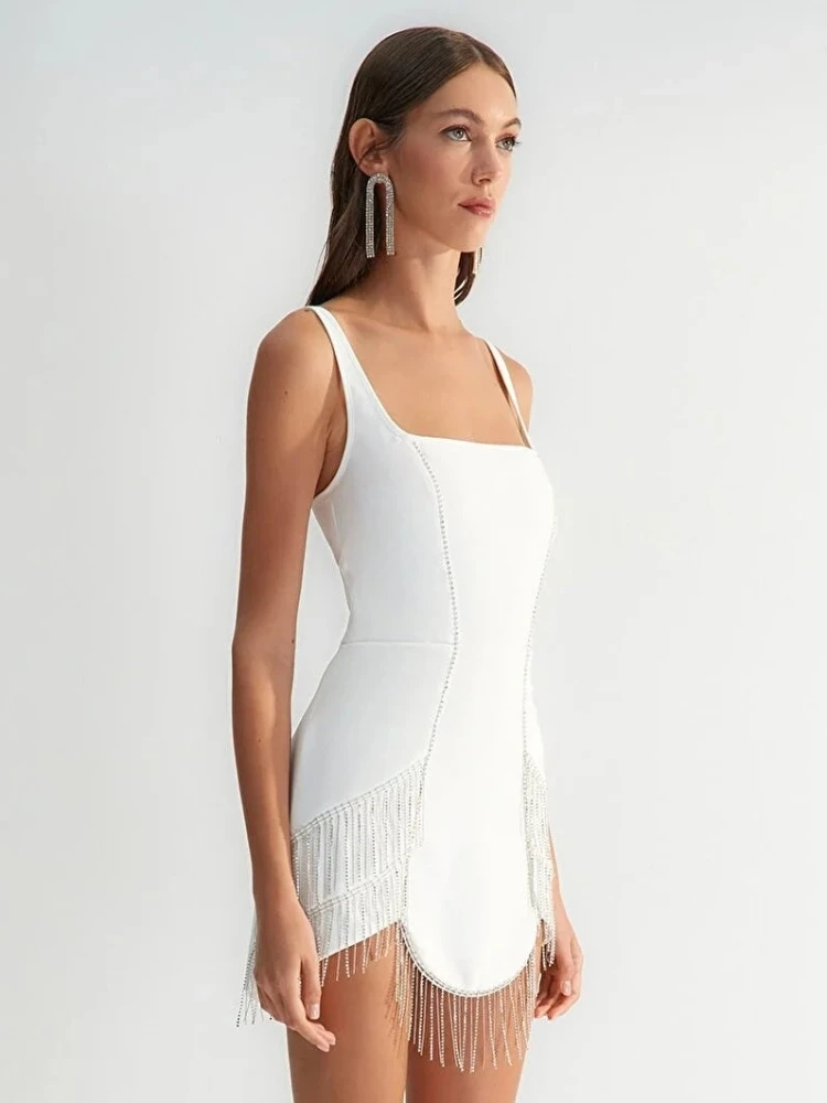 New Women Sleeveless Diamonds Tassel White Bandage Dress Sexy Square Neck Tassel Chain Mini Dress Celebrity Party Runway Dresses