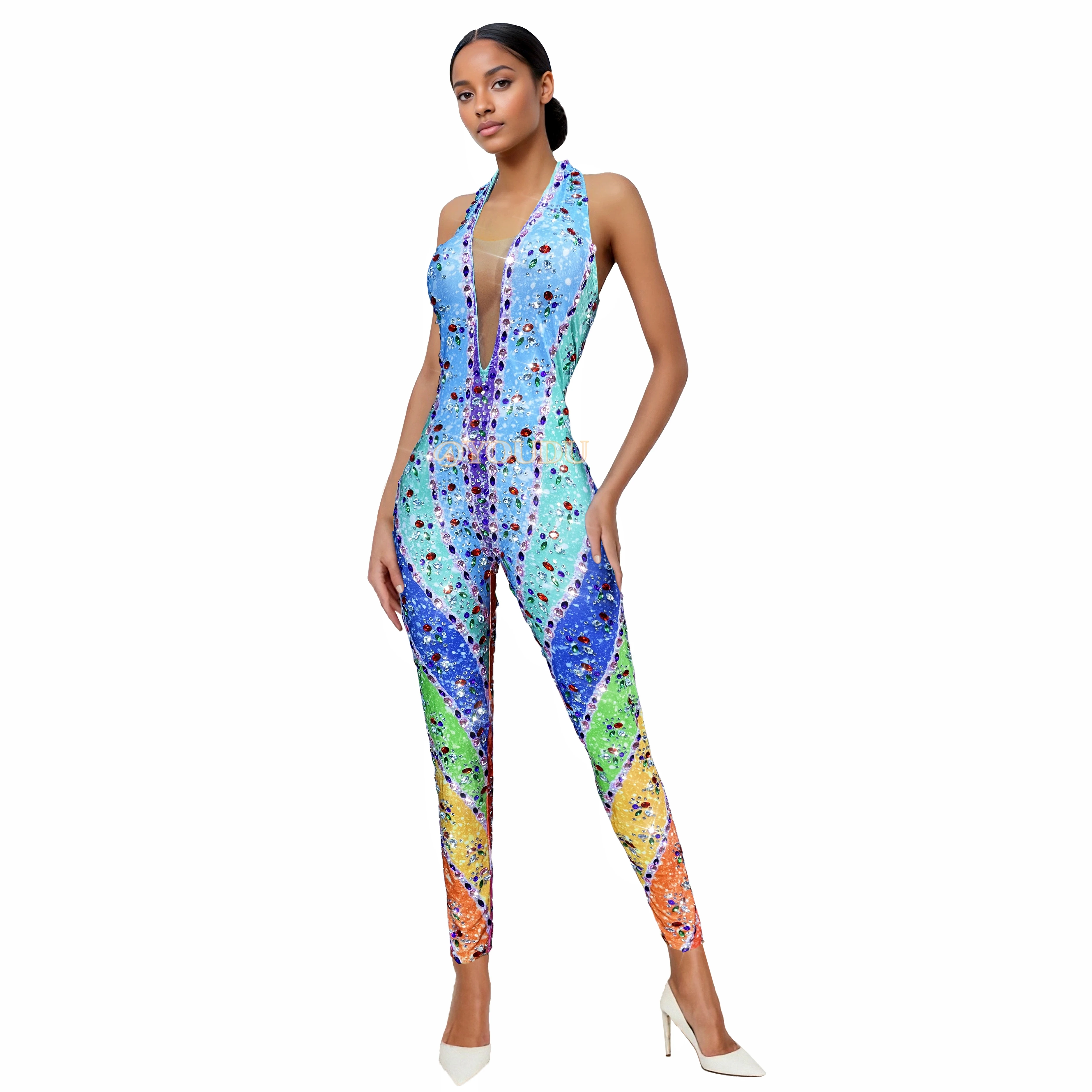 

Модное радужное цветное блестящее стразы, сексуальное боди с v-образным вырезом и открытой спиной, женский наряд для вечеринки, костюм для выступления на сцене, Caiguanku