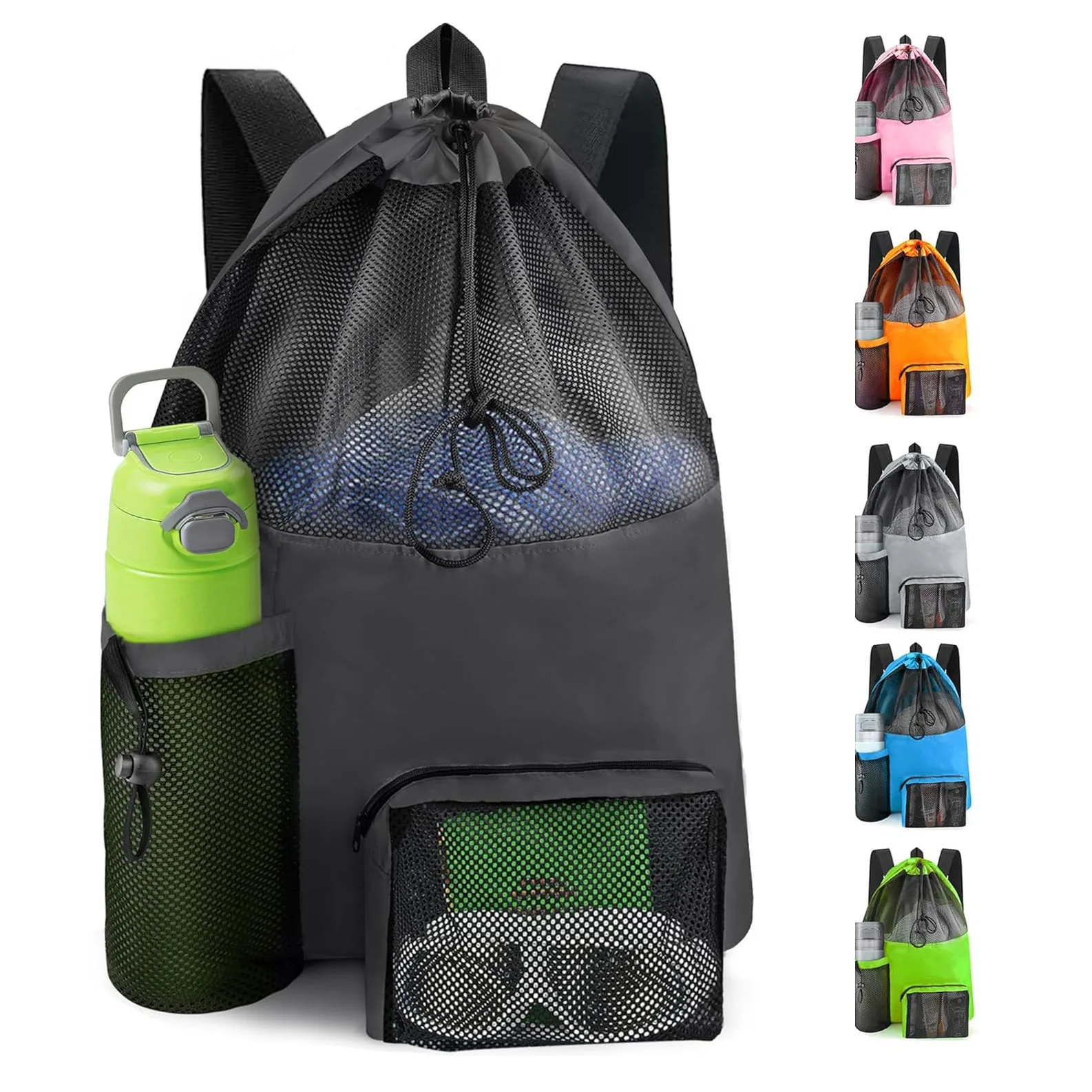 

Waterproof Mesh Drawstring Backpack -Large Capacity Swim Gym Beach Bag with Dry Pocket,Multi-Color SportsSack for Running Travel