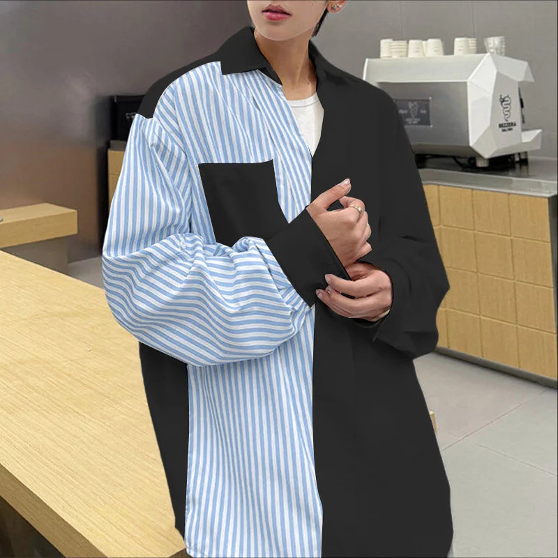 

Мужская рубашка в полоску в стиле пэчворк с лацканами и длинным рукавом, уличная рубашка, мужская одежда, модные повседневные топы большого размера в корейском стиле INCERUN