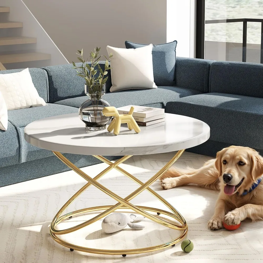 طاولة قهوة مستديرة لغرفة المعيشة، طاولات قهوة رائعة من الرخام الصناعي مقاس 31.5 بوصة بإطار ذهبي، طاولة مركزية حديثة f