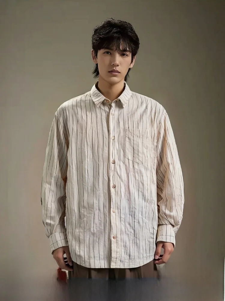 

High-End Texture Stripe Fabric Men's Loose Long Sve irt Trendy Casual Cotton Blend Elastic Fiber Autumn Winter New Sle