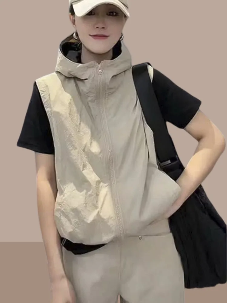 

Women's Loose Fit Lightweight Summer New Sle Sun Protection Vest Hooded Jaet ort Length Nylon Fiber Coat Casual Outerwear