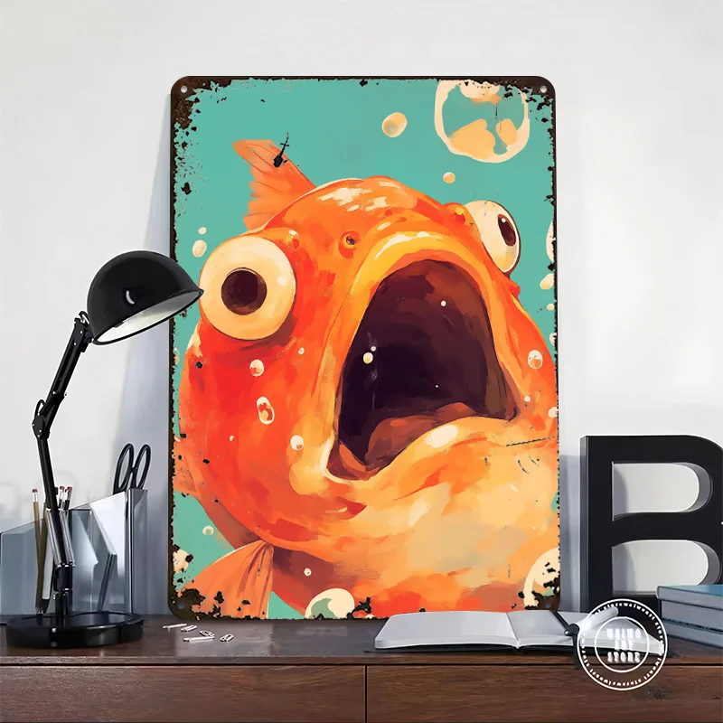 Funny Fish in Water Metal Poster Customized Wall Art Retro Vintage Metal Signs for Man Cave Decoration Garage Accessories House