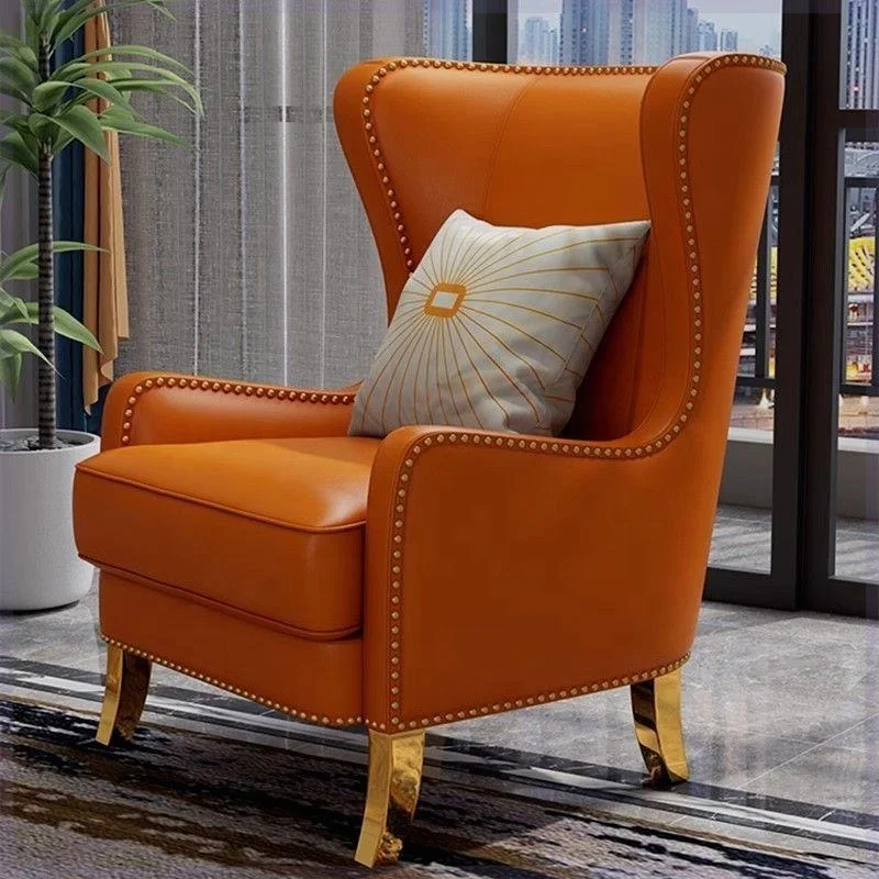 # Mid-Century Retro Vegan Leather Accent Chair Studded Wingback Armchair Gold Stainless Steel Base for Creative Studio