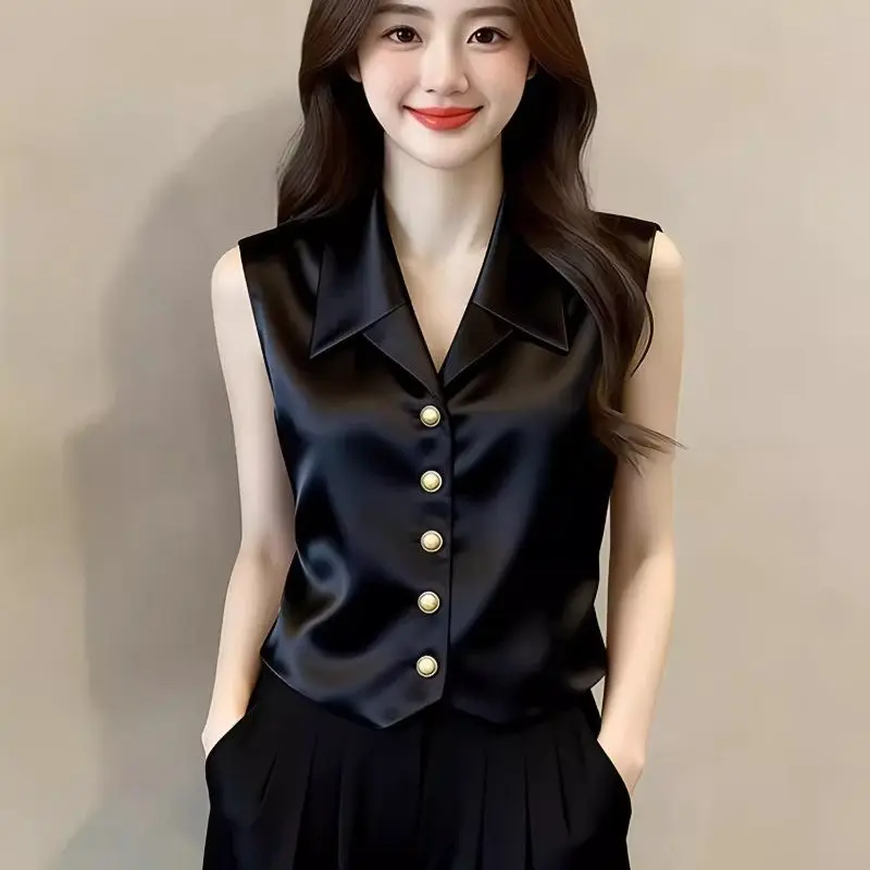 New Luxury Minimalist Waistcoat Women Lapel Collar Satin Vest Sleeveless Gold Button Front Slim Champagne Blouse Office Elegant
