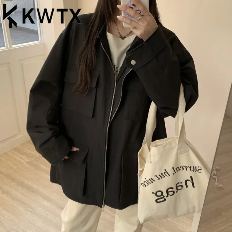 

KWTX женская однотонная легкая куртка 2024, весна-лето, повседневное свободное пальто с острыми карманами на молнии, роскошное дизайнерское пальто