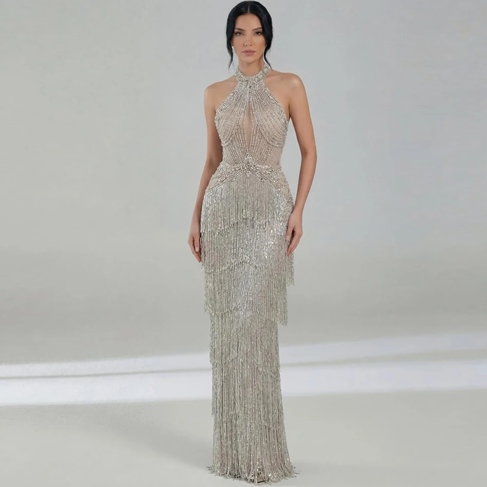 Fashion Tulle Halter Evening Dress Graceful Mermaid Prom Dresses Luxury Appliques Tassel Customized Special Occasion Gowns