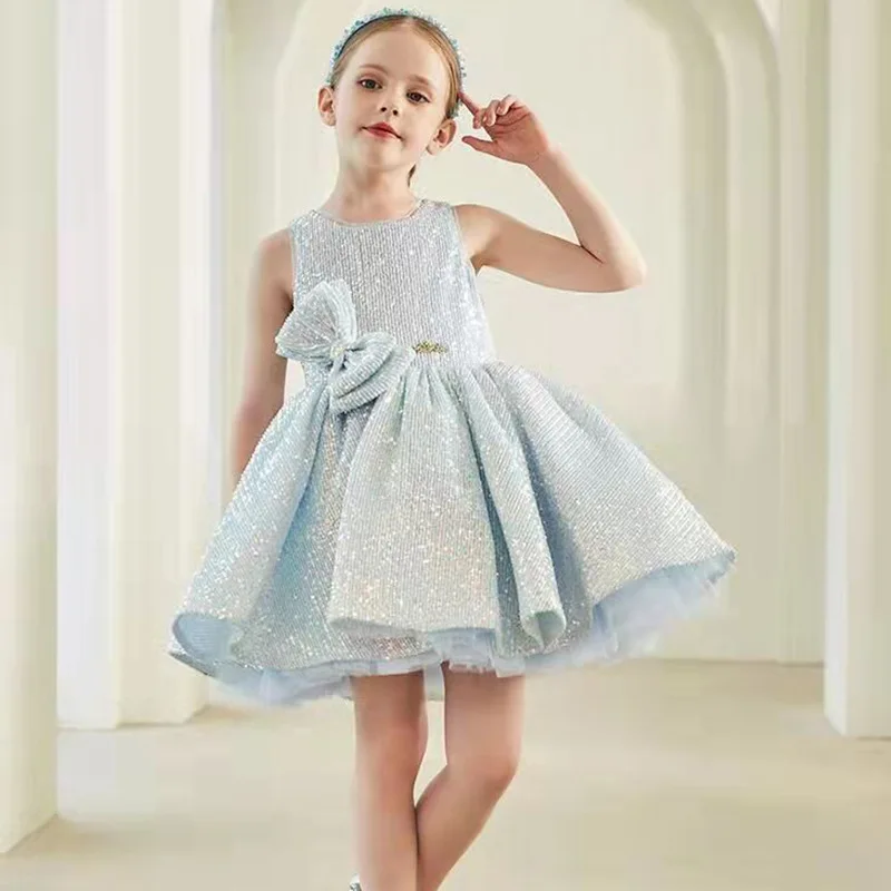 High Quality Baby Girls Princess Dress Bow Knot Luxury Shiny Blue Little Kids Birthday Wedding Party Nightgown