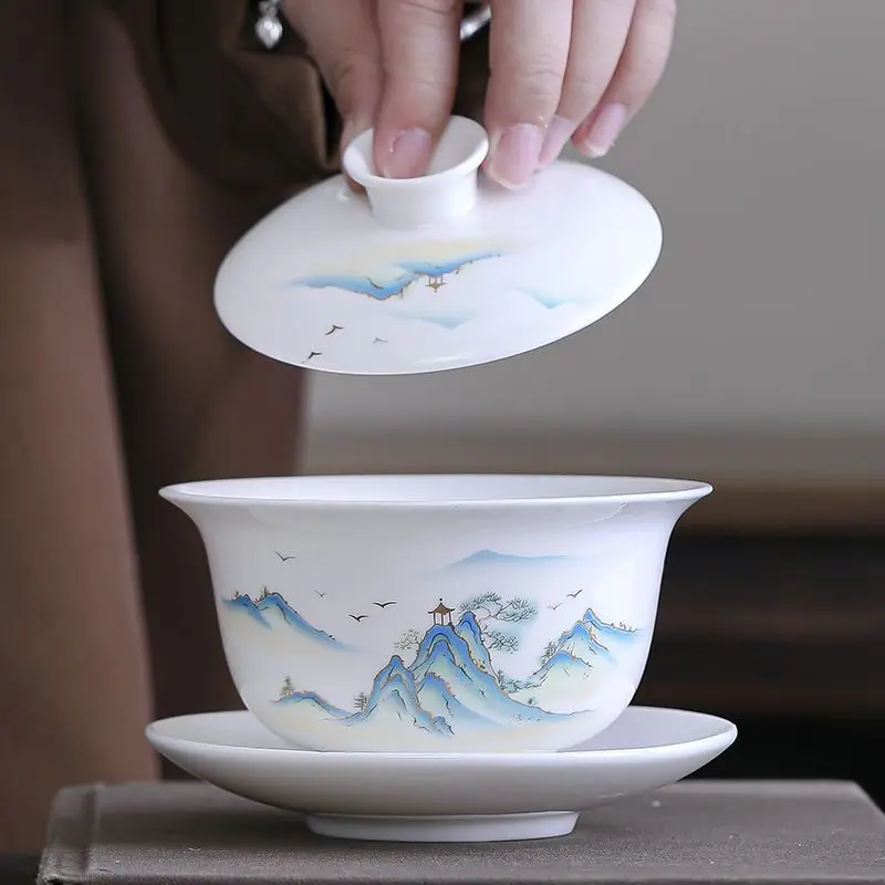 

210ml smingle high-end large-sized tea bowl with a hovering jadeite lid white porcelain Gaiwan Dehua suspension Gongfu tea set