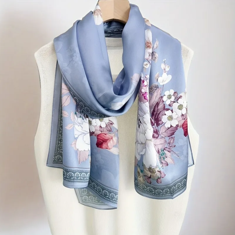 

100% Mulberry Silk Long Scarf for Women Oblong Shawls for Headscarf Neck- Oblong Hair Wraps Gift Packed Light Blue Floral Print