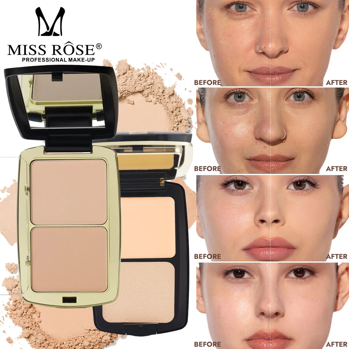 

MISS ROSE 3 Colors Setting Powder Mirror & Puff Natural Brightening Long Lasting Concealer Lightweight Oil Control Face Cosmetic