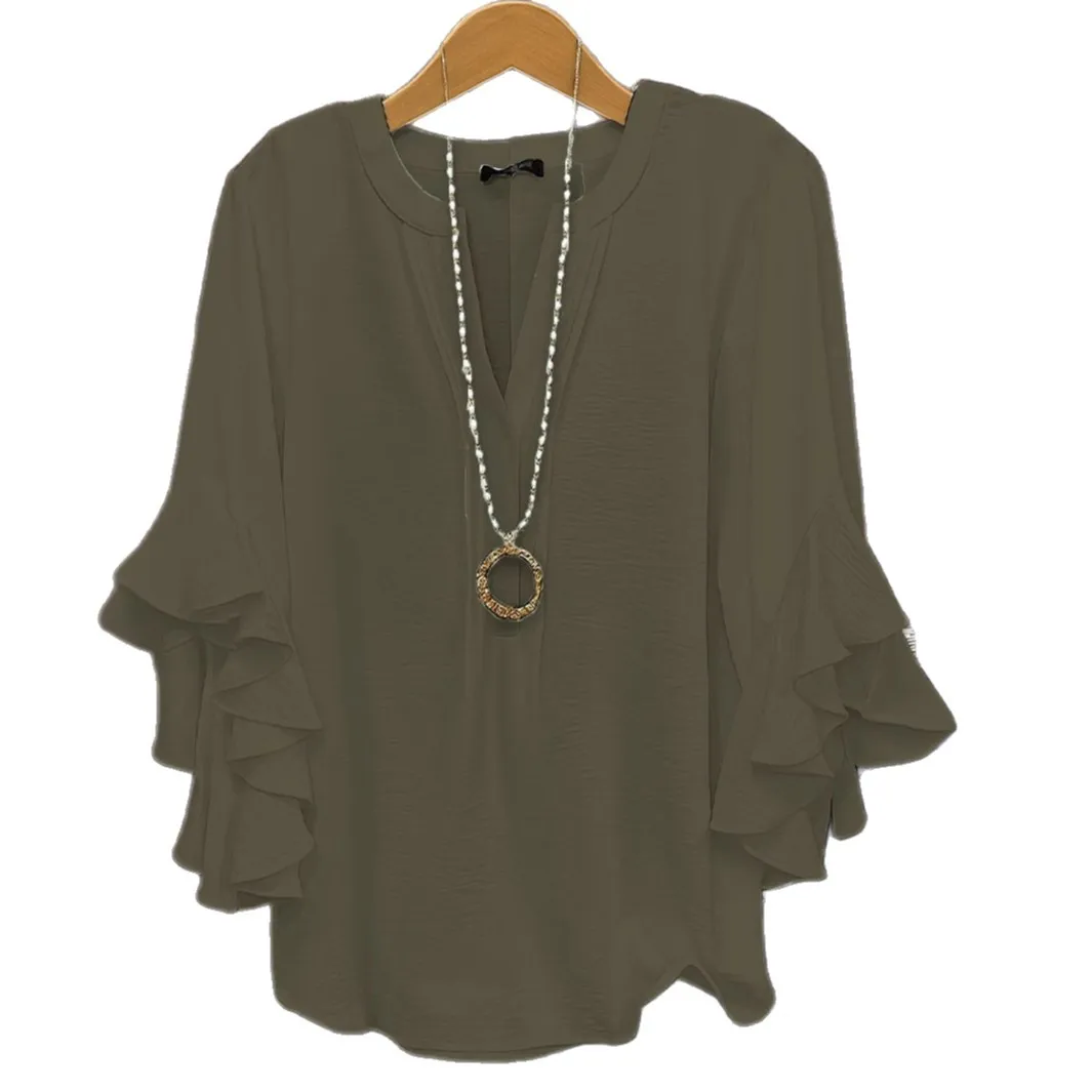 Damen V-Ausschnitt Bluse mit Rüschenärmeln, geschlitztem Ausschnitt und ausgestellten Bündchen, lässige, lockere Chiffon-Oberteile für Damenbekleidung – Detail 8