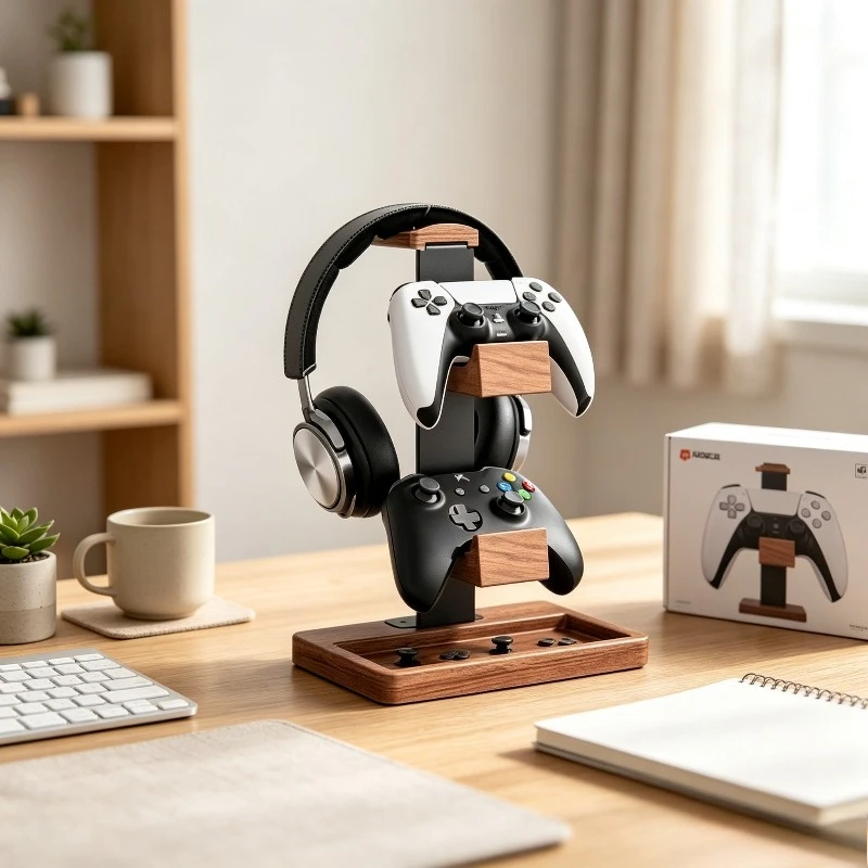 Natural Wood Gaming Headset Rack, Desk Stand Holder Organizer for Headphone & Controller, Creative Display Bracket for Desktop.