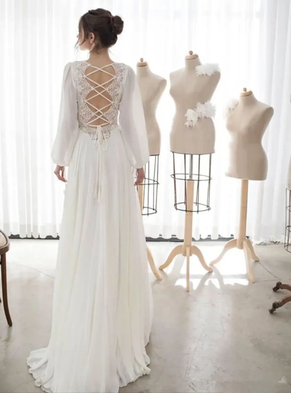 Vestido De Novia De manga larga De gasa para mujer, cuello en V, apliques De encaje en la espalda, vestidos De Novia personalizados