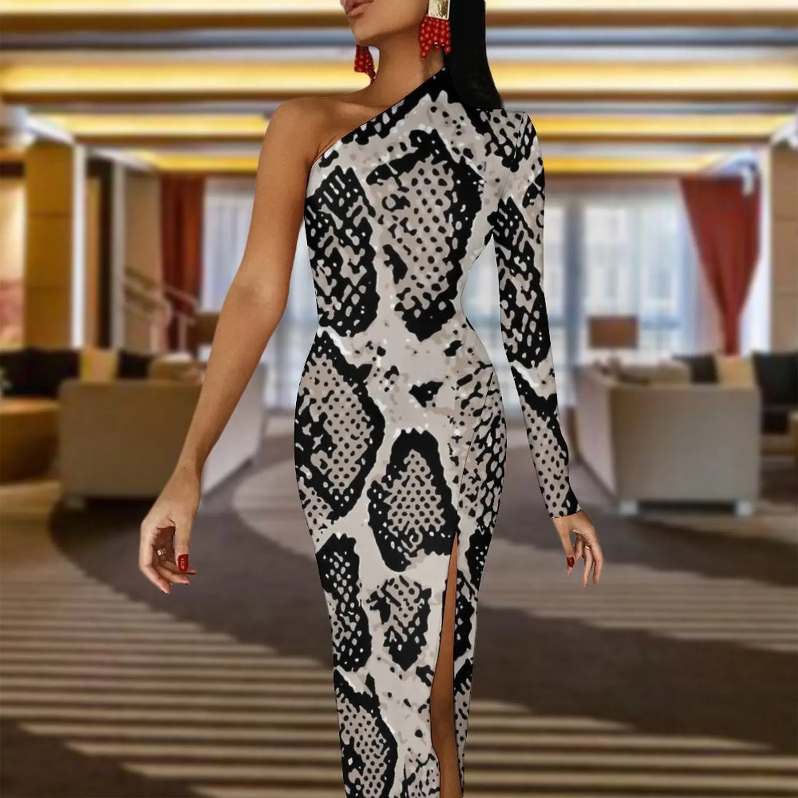 بيثون جلد الثعبان Bodycon فستان الربيع الرجعية طباعة Kawaii عالية الشق فساتين طويلة كم طويل فستان حفلة مخصصة