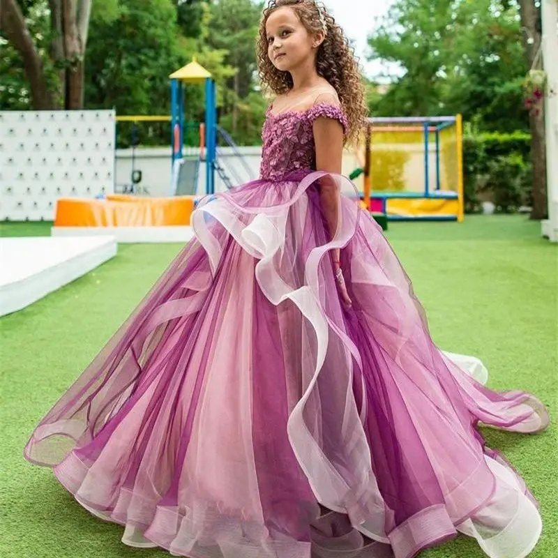 Lace Ball Gown Kids Flower Girl Dresses Long Sleeve Party Prom Princess Bridesmaid Wedding Formal Occasion Dress