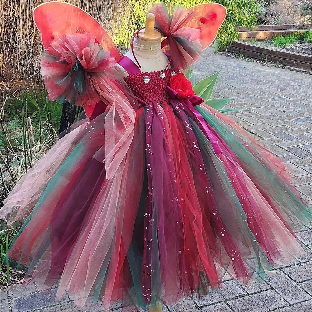 Girls Red Glitter Tutu Dress Kids Flower Fairy Dresses with Wing and Hairbow Children Birthday Party Costume Photograph Cloth