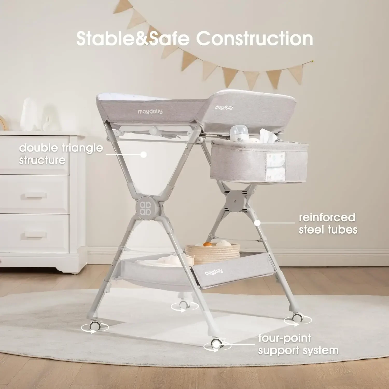 Foldable Portable Diaper Changing Table Adjustable Height Mobile On Wheels Compact Nursery Station For Baby