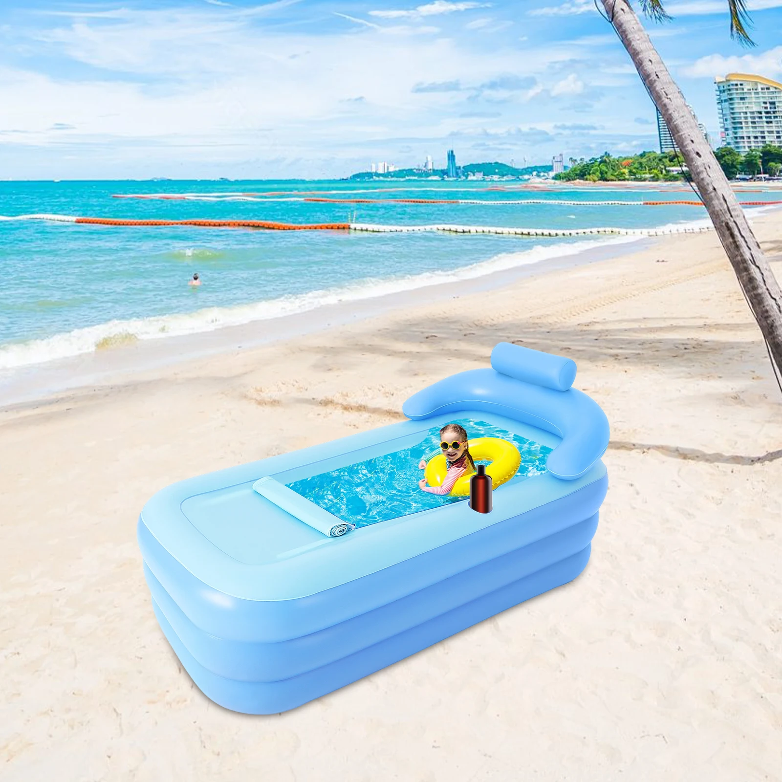 Bañera de hidromasaje plegable portátil para exteriores, bañera con cojín de asiento, piscina inflable de PVC para adultos y niños