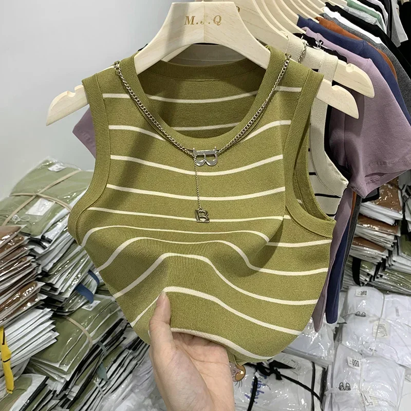 Women Tank Top & Camis New Basic Bottoming Striped Chain Elasticity Vests Summer 2026 Wild Crop Tops